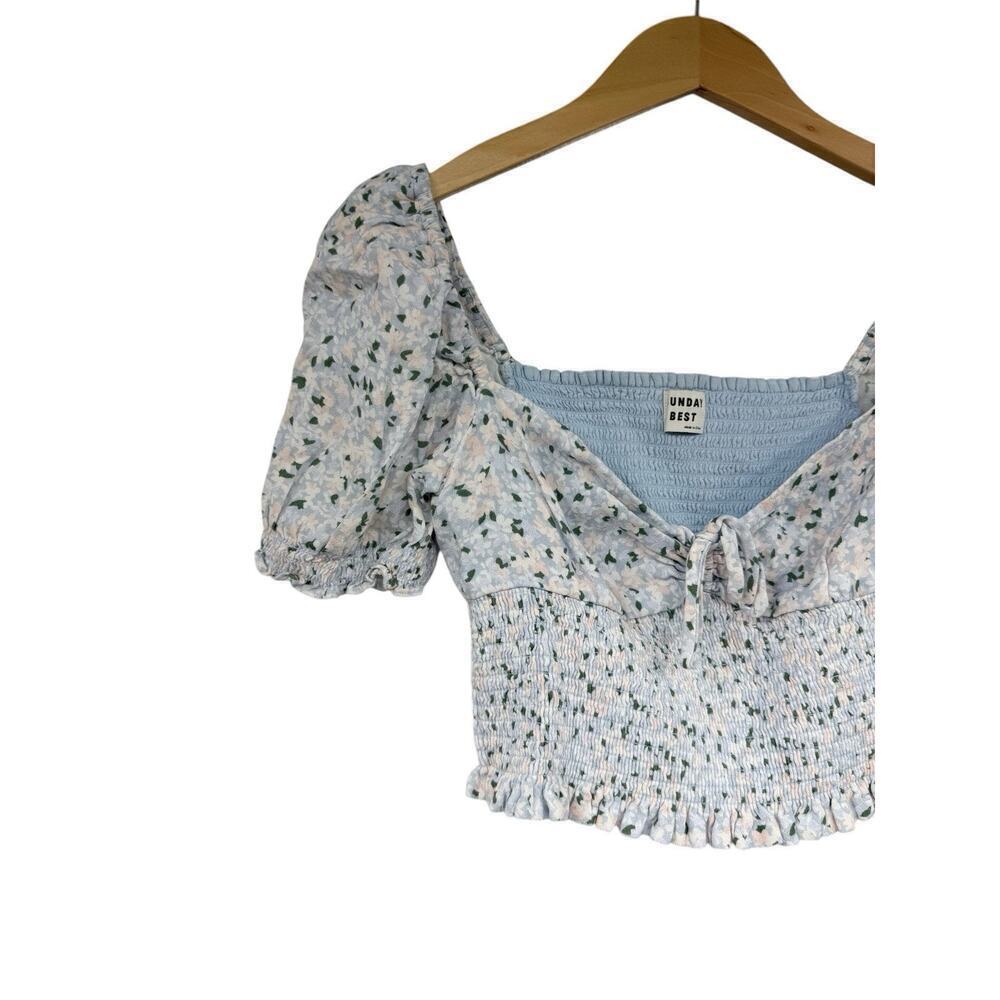 SUNDAY BEST Aritzia Sinatra Smocked Puff-Sleeve Blouse Size Medium Floral Sage - Picture 5 of 8